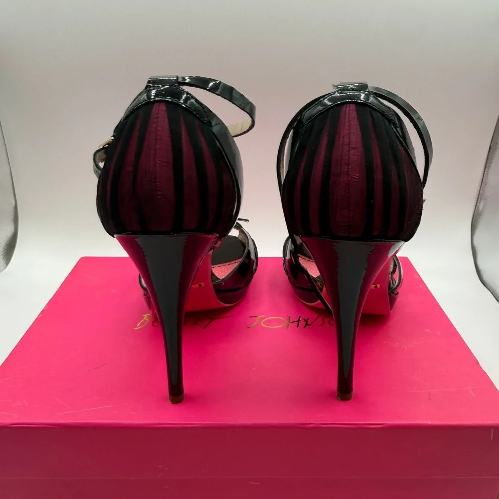 Betsey Johnson Gail Heels Women 9 Black Pink Patent Chiffon Pinup Y2K Pumps